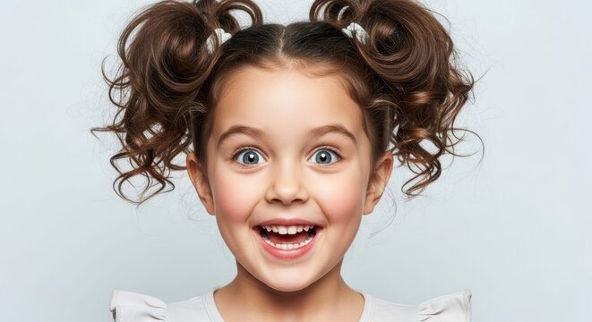 Joyful Child's Portrait: A young child with expressive eyes and a bright, genuine smile, exudes pure happiness and excitement. Capturing a moment of innocent bliss.