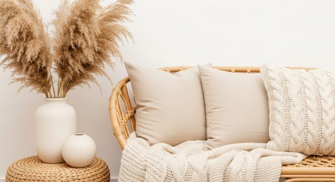 Cozy Interior: A beautifully designed living space exudes comfort, featuring a woven rattan sofa adorned with soft pillows and a textured throw.