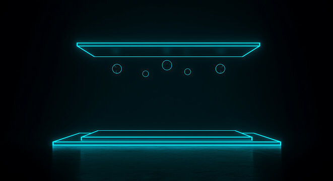 Modern Abstract Neon Stage Platform with Floating Spheres and Dark Background