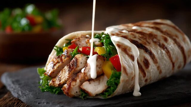 Sliced wrap with visible layers of poultry, fresh lettuce, and bright peppers, warm tortilla soft and inviting, close-up capturing a satisfying meal