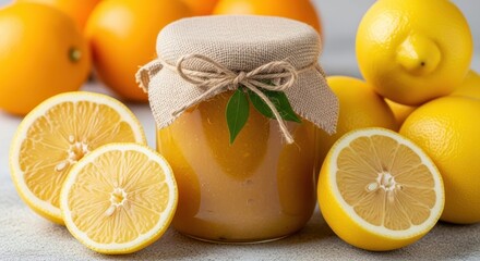 Zesty Delights: An enticing still-life featuring vibrant, sun-kissed lemons and a jar of homemade preserve, evoking a sense of freshness and homemade goodness.
