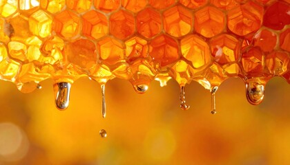 A detailed close-up of a vibrant golden honeycomb with sweet, delicious honey dripping slowly from the hexagonal wax cells