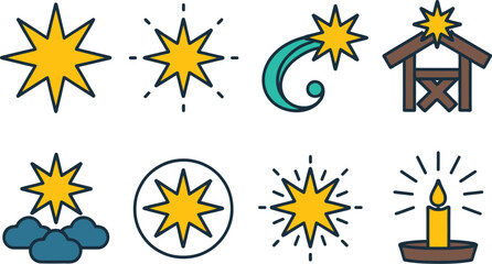 Vibrant vector icon set featuring stylized shining stars, a shooting comet, a nativity stable, and a radiant candle, ideal for festive and celestial graphic design projects