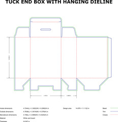 Tuck End Box with Hanging Hook Packaging Dieline Template with Bleed, Trim & Crease