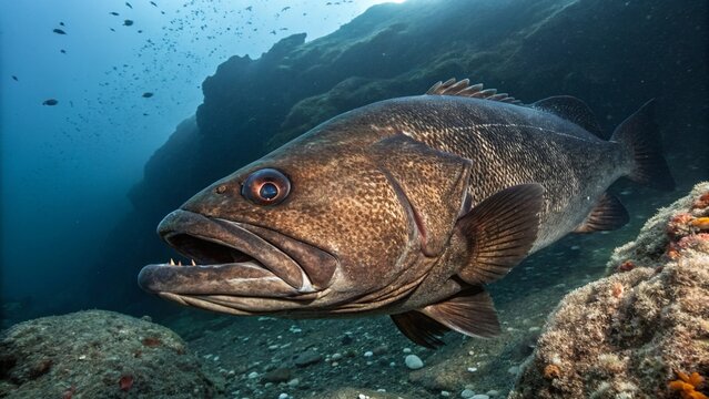 A large, dark Oilfish (Ruvettus pretiosus) swimming near a rocky seafloor in the deep-sea benthopelagic zone.