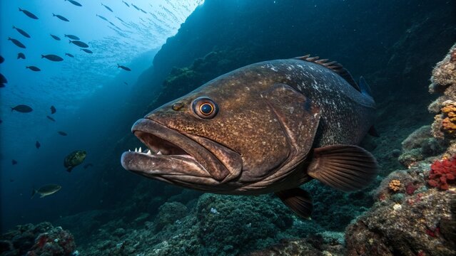 A large, dark Oilfish (Ruvettus pretiosus) swimming near a rocky seafloor in the deep-sea benthopelagic zone.
