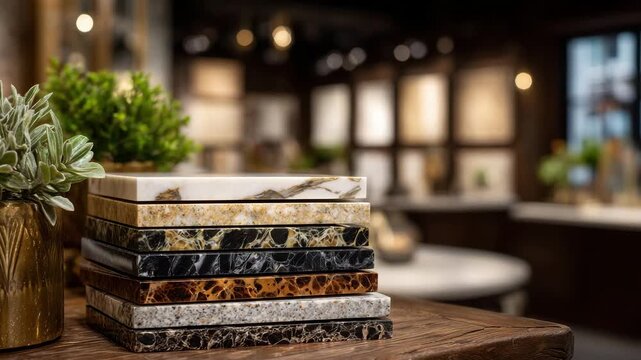 Stacked countertop samples on display, layered perspective showing variety of colors, grains, and finishes, subtle reflections on smooth surfaces
