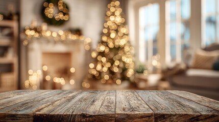 Cozy christmas living room with a decorated tree and fireplace featuring a rustic wooden table in the foreground