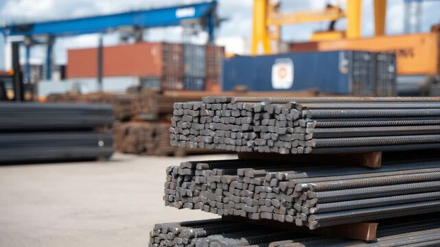 Stacked steel rebars in warehouse, close-up showing metallic grooves, organized for use in building foundations and large infrastructure projects