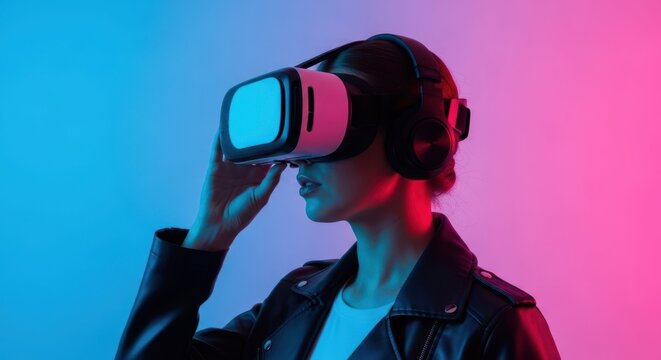 Immersive Reality: A person wearing virtual reality headset, stepping into a world of limitless possibilities. Enveloped in vibrant hues, the image captures the essence of digital experience.