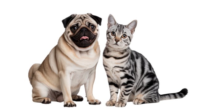 Adorable Pug Dog And Cute Silver Tabby Cat Sitting Together On Transparent Background For Domestic Animal Companionship And Pet Friends Or Family Member Relationship And Canine Feline