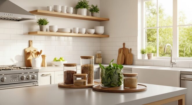 Modern Kitchen Harmony: An inviting, bright kitchen with natural light from a large window. Displaying culinary utensils, plants, and other kitchen-related items.