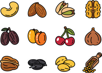 A colorful set of food icons featuring various nuts, seeds, and dried fruits, perfect for healthy eating and meal preparation designs