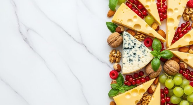 Cheese Board: An artfully arranged selection of cheeses and accompaniments on marble, a feast for the eyes and taste buds, a symbol of culinary enjoyment.