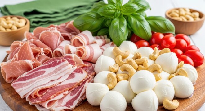 Artisan Charcuterie Board: A gourmet charcuterie board boasts a visually stunning array of artisanal meats, creamy cheeses, fresh produce, and nuts, creating a perfect feast for any palate.