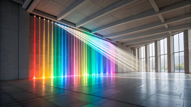 Modern Architectural Space with Vertical Rainbow Colored Lights and Sunbeams interior - Powered by Adobe