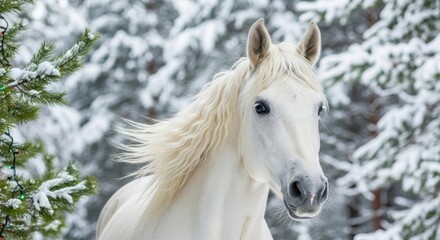 Majestic White Horse in Winter Wonderland: A pristine white horse, with flowing mane and alert gaze, stands gracefully against a backdrop of snow-covered pine trees.