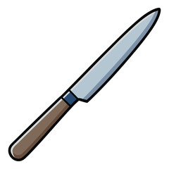Single stainless steel kitchen knife with sharp blade and black handle isolated on white background