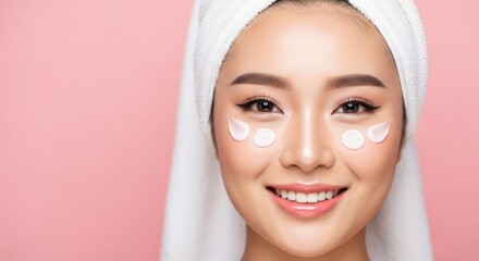 Radiant Rejuvenation: A serene and confident woman with a towel-wrapped head applies revitalizing cream, her eyes sparkling with health. The light pink background complements her luminous skin tone.
