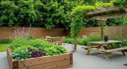 Obraz premium Garden Relaxation and Green: A vibrant outdoor space that seamlessly blends nature's beauty with comfortable seating, creating a tranquil oasis perfect for relaxation. 