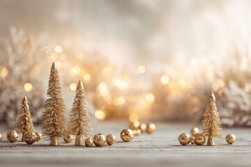 Festive golden miniature christmas trees and baubles arranged on a rustic wooden surface with soft bokeh lights