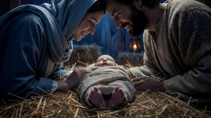Obraz premium Peaceful nativity scene showing Mary and Joseph smiling over newborn baby Jesus lying in a manger filled with hay.