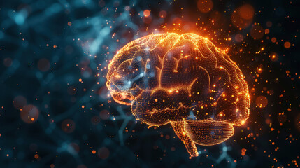 Abstract Glowing Neural Network Brain Model with Particle Effect Illustration