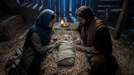 A moving New Testament nativity moment showing Mary and Joseph lovingly watching over baby Jesus asleep in a manger, symbolizing hope and peace.