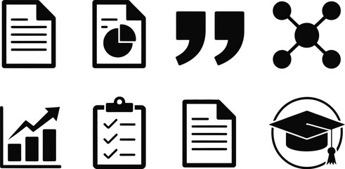 Essential vector icons representing business analytics, educational concepts, communication tools, and data management for diverse professional and academic applications