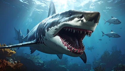 Close-up of a great white shark with open jaws, swimming in clear ocean water near coral reefs