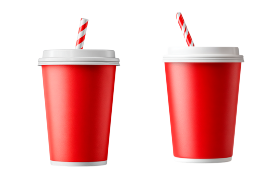 two red paper cups with a plastic lid and a red straw