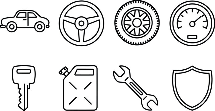 Collection of vehicle and automobile related icons including car, steering wheel, tire, speedometer, key, gas can, wrench, and shield for automotive services or transport concepts