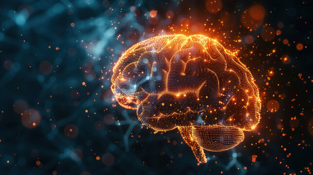 Abstract Glowing Neural Network Brain Model with Particle Effect Illustration