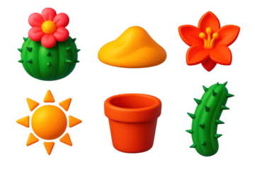 3D Cactus Icon Set. 3D icon set of cactus flower: blooming cactus, desert sand, rare blossom, thorny stem, sunlight ray, clay pot.
