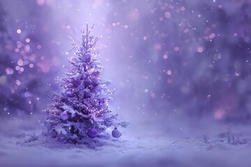 Enchanting winter forest scene with a single decorated christmas tree in soft purple hues and falling snowflakes