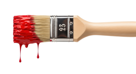 Paint brush with red paint isolated PNG, painting tool for art and decoration on transparent background