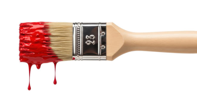 Paint brush with red paint isolated PNG, painting tool for art and decoration on transparent background - Powered by Adobe