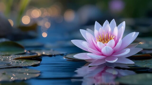 Vibrant pink lotus blossom illuminated by golden morning light, surrounded by serene cyan water with smooth reflections and floating lily pads