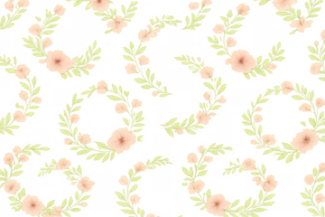 Seamless watercolor floral pattern creating wreaths with peach blooms and green leaves on transparent background