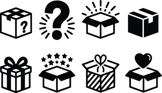 A versatile collection of minimalist vector icons featuring gift boxes, surprise packages, and delivery concepts, perfect for enhancing e-commerce interfaces and celebratory announcements