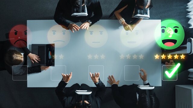 A business team utilizes virtual reality headsets during a meeting. Emoticons express feedback on their performance, showcasing modern collaboration in the workplace. Raster