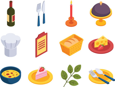 Isometric restaurant dining icon set, featuring culinary items wine, cutlery, candle, dish, chef hat, menu, bread, cheese, dessert - Powered by Adobe