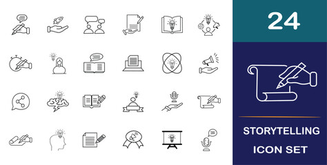 Collection of icons for storytelling. Narrative, plot, dialogue, script, video content, strategy, influencer, inspiration, communication, content, marketing and viral content are all included.