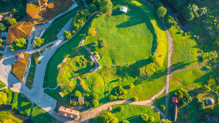 Rezekne, Latgale ,Latvija. Aerial photo from drone to of Rezekne city center at sunrise. (Series)
