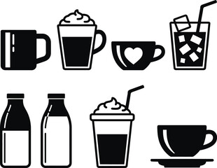 A diverse collection of minimalist beverage icons, showcasing various hot and cold drinks like coffee mugs, creamy lattes, iced beverages, and milk bottles, ideal for menus and graphic design
