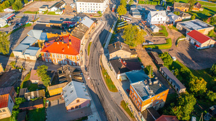 Rezekne, Latgale ,Latvija. Aerial photo from drone to of Rezekne city center at sunrise. (Series)