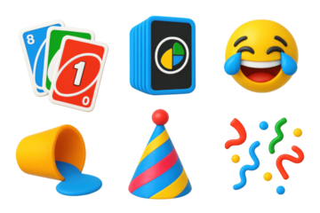 Vibrant Party Icons. 3D icon set of party card fun: UNO-style cards, draw pile, laughter emoji, spilled drink, party hat, confetti