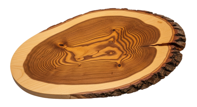 Cross section of a tree trunk isolated PNG, showing growth rings and bark, natural wood slice on transparent background, organic material for crafts