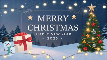 Merry christmas and happy new year greeting card with Cute snowman standing in winter christmas landscape snow falling