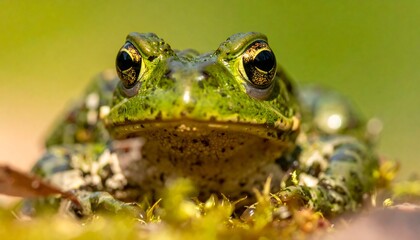 Close-up of a green frog with speckled skin, resting on vibrant moss, looking directly at the camera